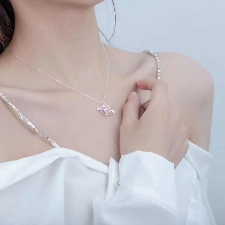 Heart Pink Necklace Light Luxury CZ Inlaid Cupid Arrow Heart Jewelry | Perfect Birthday Gift
