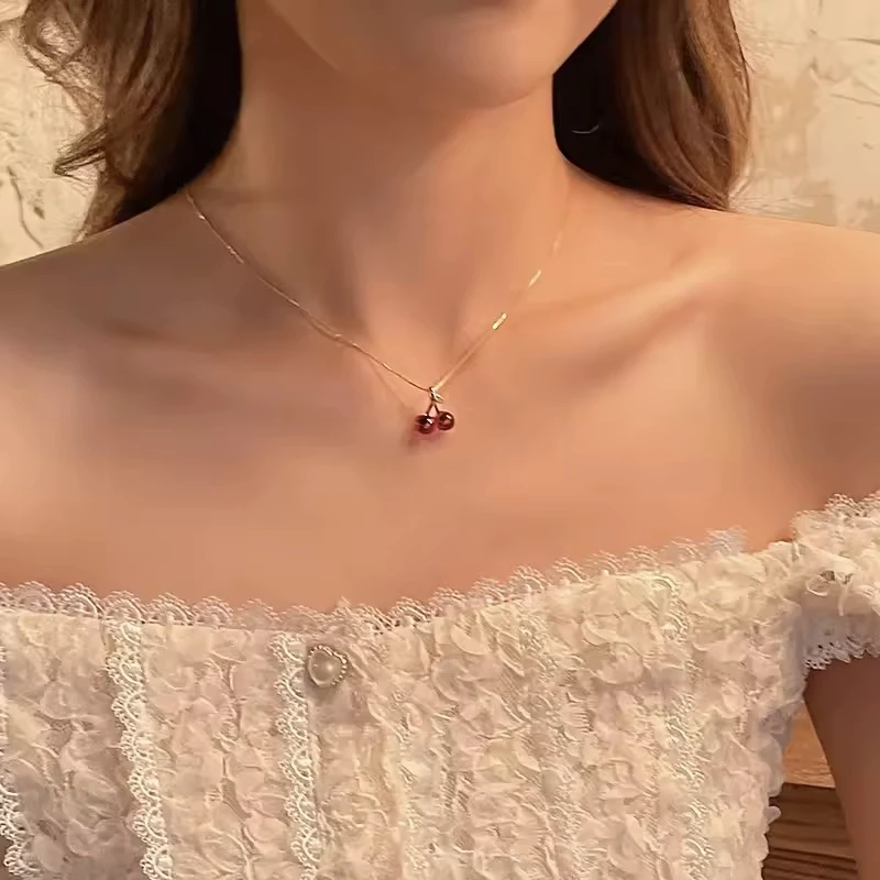 Wine Red Cherry Gold Color Pendant Necklace for Women